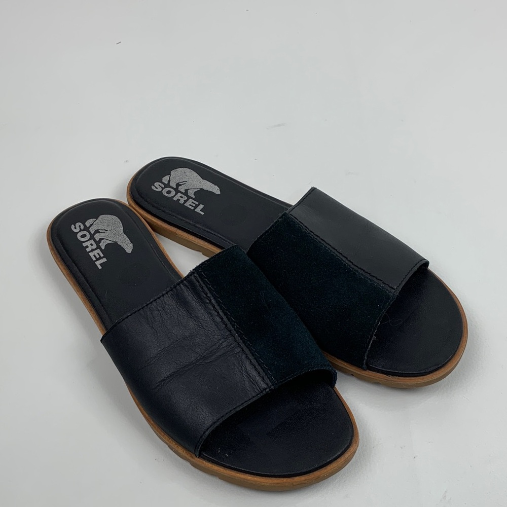 Sorel Black Leather Suede Slide Flat Sandals Size 9 Slip on Open toe Like New